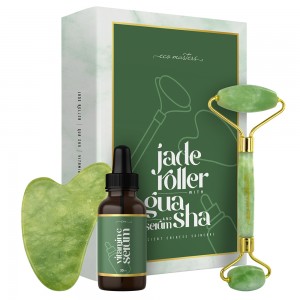 Rodillo Facial de Jade con Gua Sha de Eco Masters + Sérum - 1x Jade Roller + 1x Gua Sha Tool + 30ml Sérum de Vitamina C con Glicerina