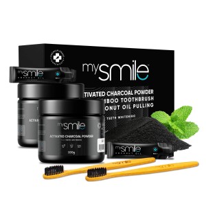 MySmile carbón activado en polvo con cepillo de bambú y extracto de aceite de coco