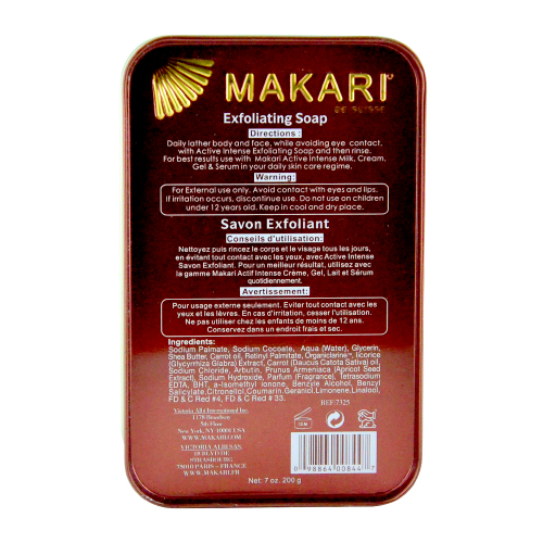 Makari Exclusive Jabón Exfoliante - Reduce Manchas e Hiperpigmentación - Contraportada/Etiqueta Jabón Makari Exclusive