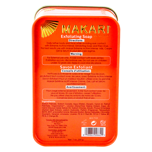 Makari Extreme Jabón Carrot & Argan  - Combate la Decoloración y la Hiperpigmentación - Contraportada/Etiqueta de Jabón Makari Extreme