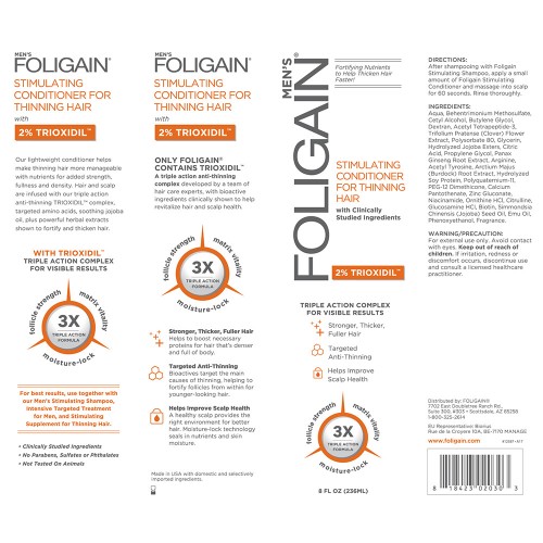 Foligain Acondicionador para Hombre - Diseñado Para el Pelo Fino y Débil - Contraportada/ Etiqueta de Foligain Acondicionador Para Hombre