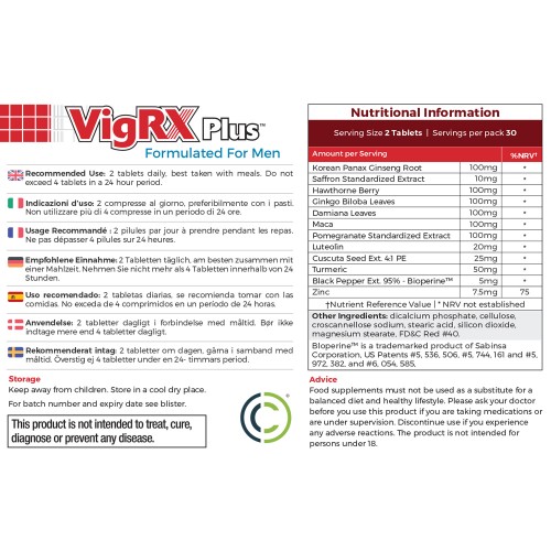 VigRX PLus - Suplemento Natural para Rendimiento Masculino - Contraportada/Etiqueta de VigRX Plus